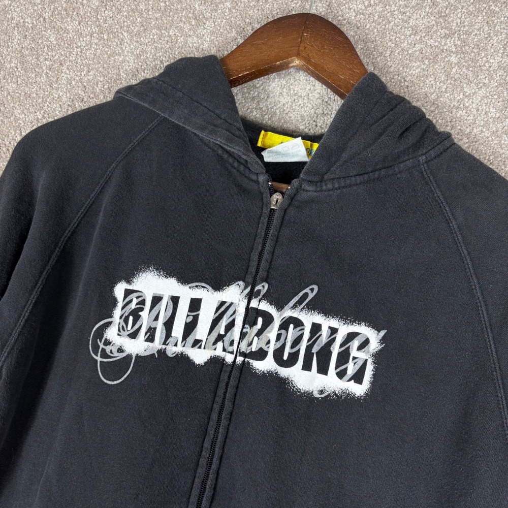 Billabong Womens Graphic Zip Up Hoodie Black Large Surf Skate Y2K Logo